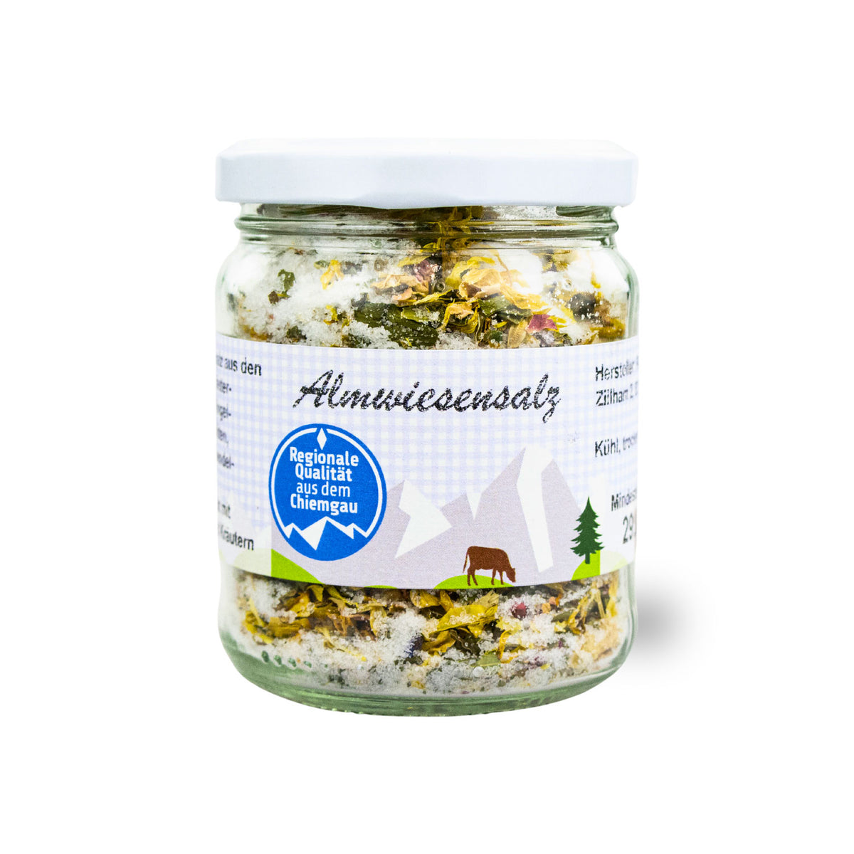 Almwiesen Salz mit Blüten in einem Glas, Regionalität aus dem Chiemgau.