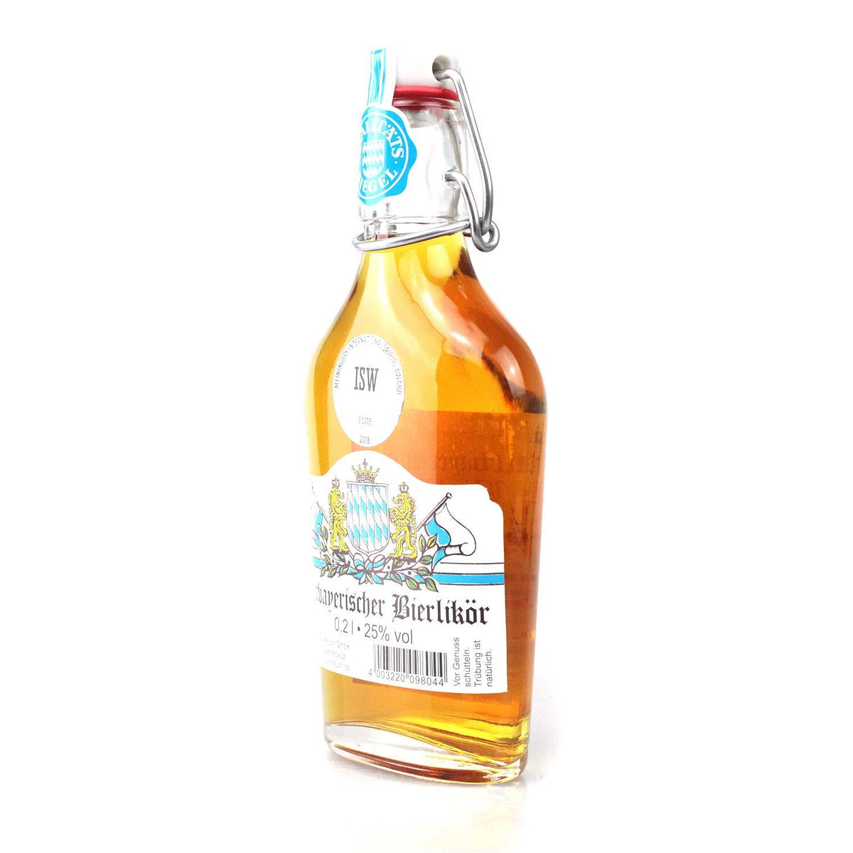 Brauner bayerischer Bierlikör in kleiner 0,2 Liter Flasche mit Bügelverschluss, 25% vol Alkohol.