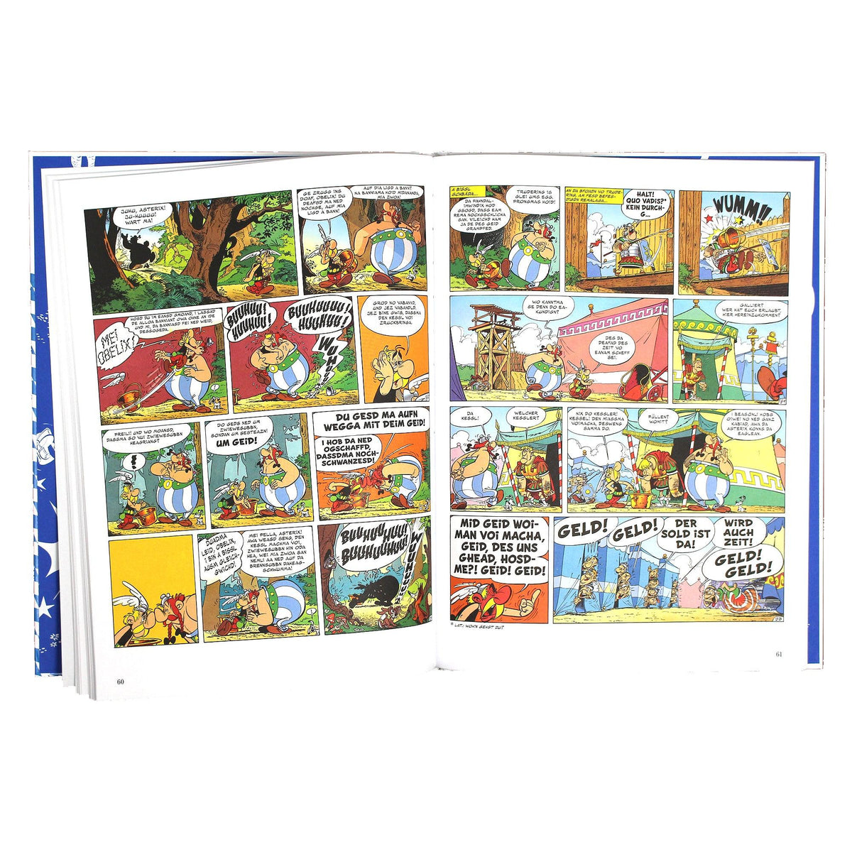 Doppelseite des Asterix Comics "Asterix bei den Schweizern", Seite 60 und 61, mit typischen Panels und Sprechblasen im Mundart-Dialekt.