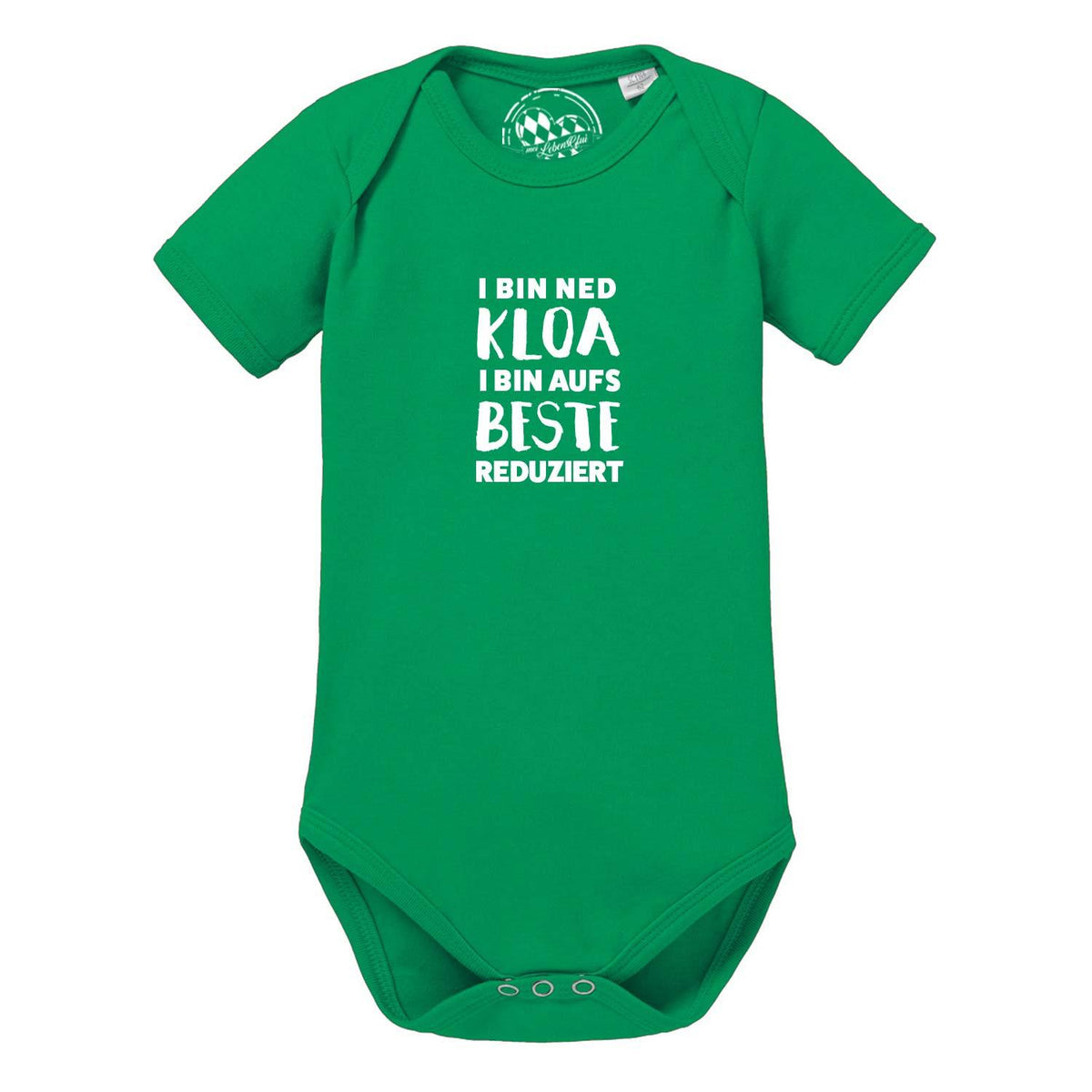 Grüner Baby Body "aufs Beste reduziert" mit lustigem Spruch in weißer Schrift, kurzärmelig für Jungen und Mädchen.