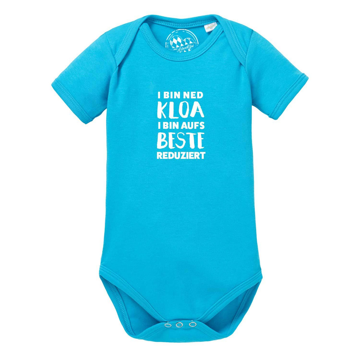 Blauer Baby Body "aufs Beste reduziert" mit weißem Spruch. Kurzarmliger Strampler mit praktischen Druckknöpfen.