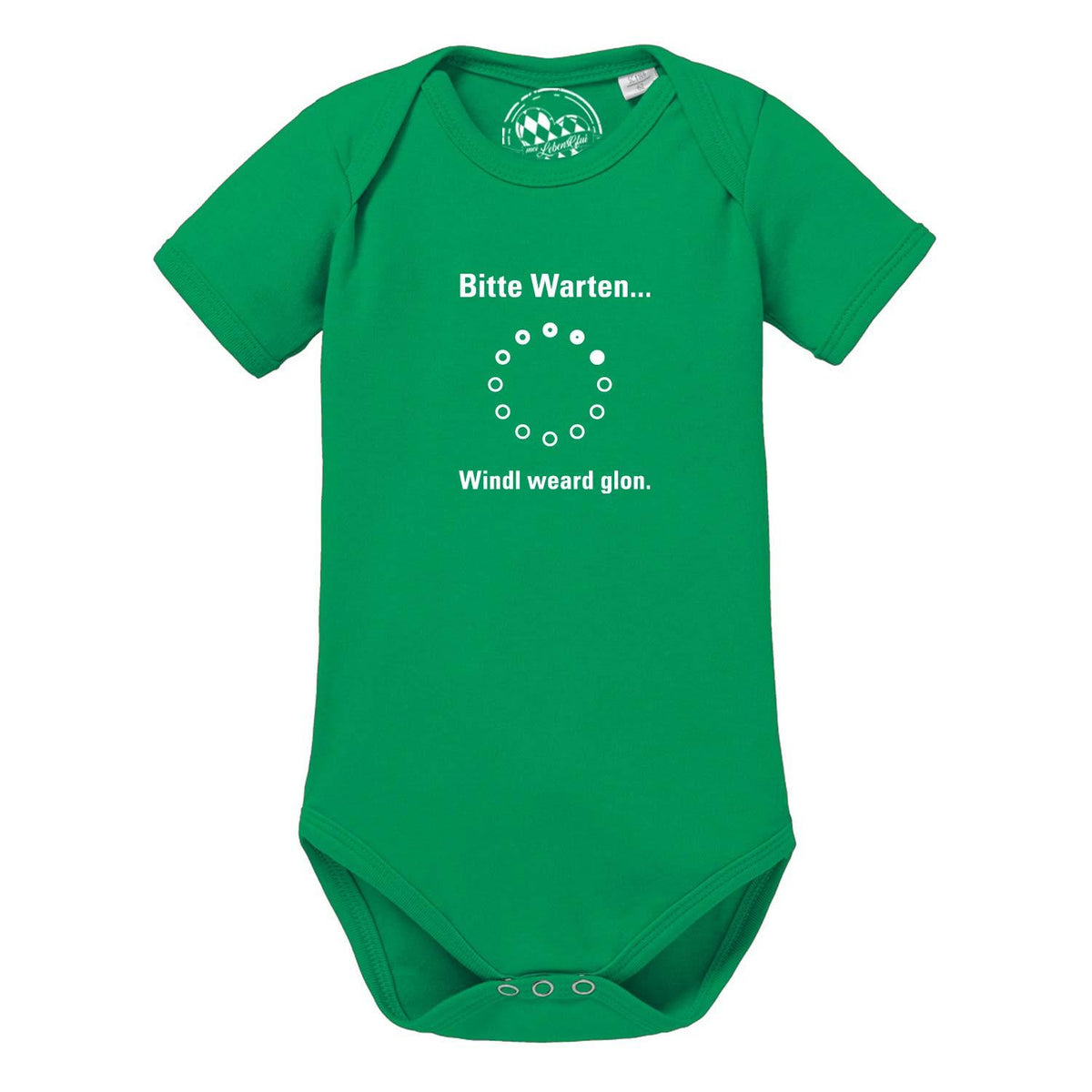 Grüner Baby Body Bitte wartn… mit Ladesymbol und bayerischem Spruch Windl weard glon in Weiß.