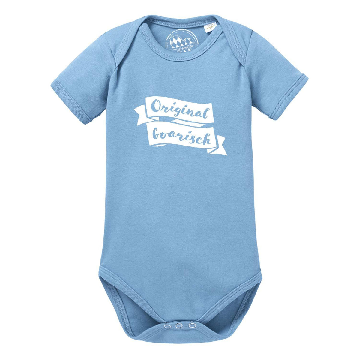 Hellblauer Baby Body Original boarisch mit weißem Schriftzug und Druckknöpfen, ideal für Neugeborene.