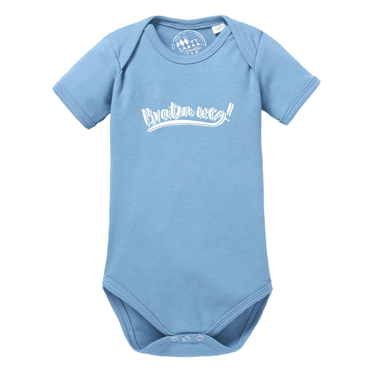 Baby Body "Bratzn weg" in hellem Blau mit weißem Schriftzug und kurzen Ärmeln für Neugeborene.