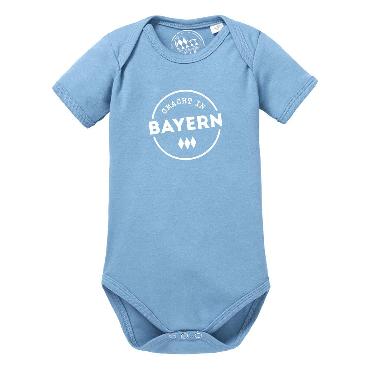 Hellblauer Baby Body Gmacht in Bayern mit weißem Aufdruck und Rautenmuster, kurzärmlig aus Baumwolle