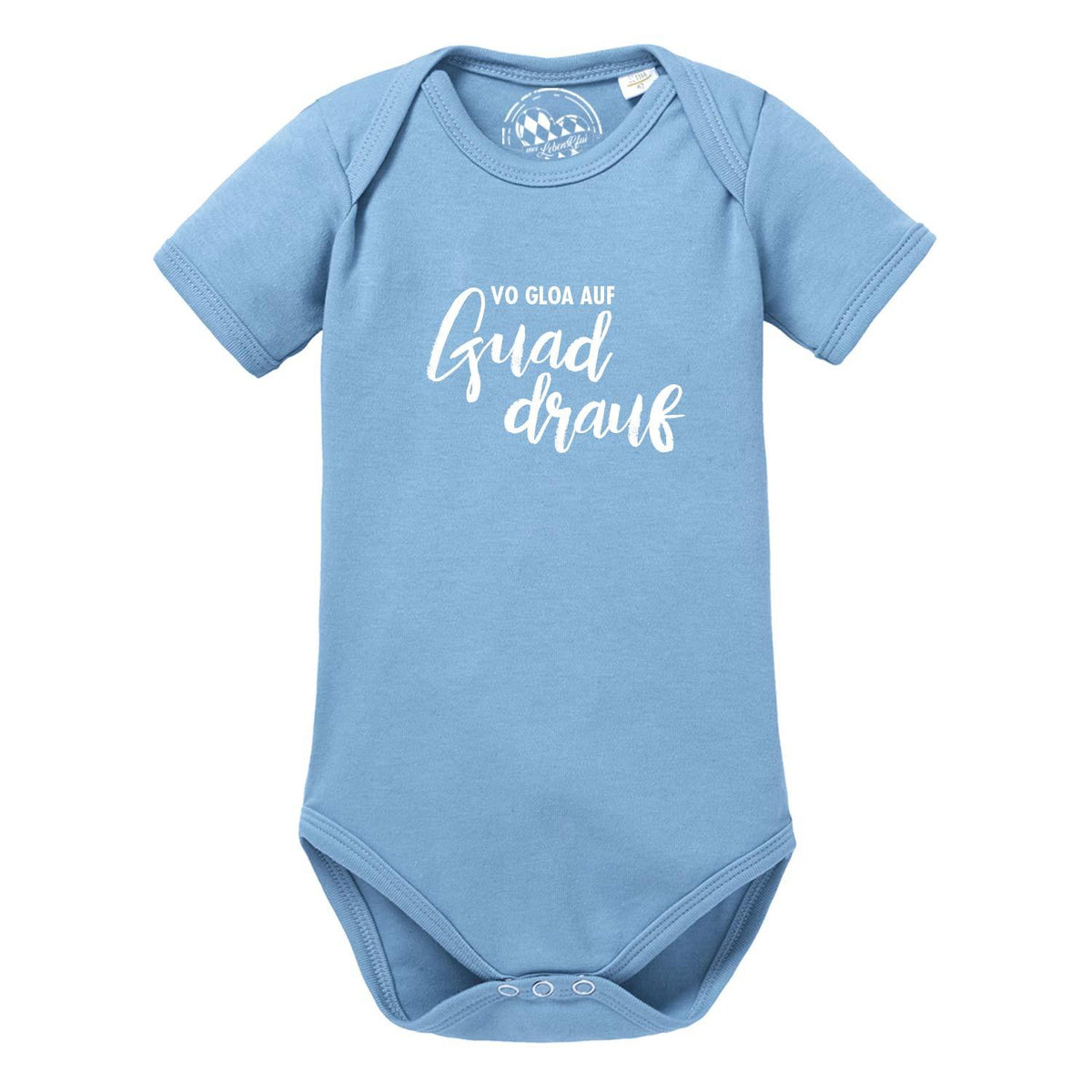 Hellblauer Baby Body guad drauf mit kurzem Arm, Druckknopfverschluss und weißem Schriftzug für Babys.