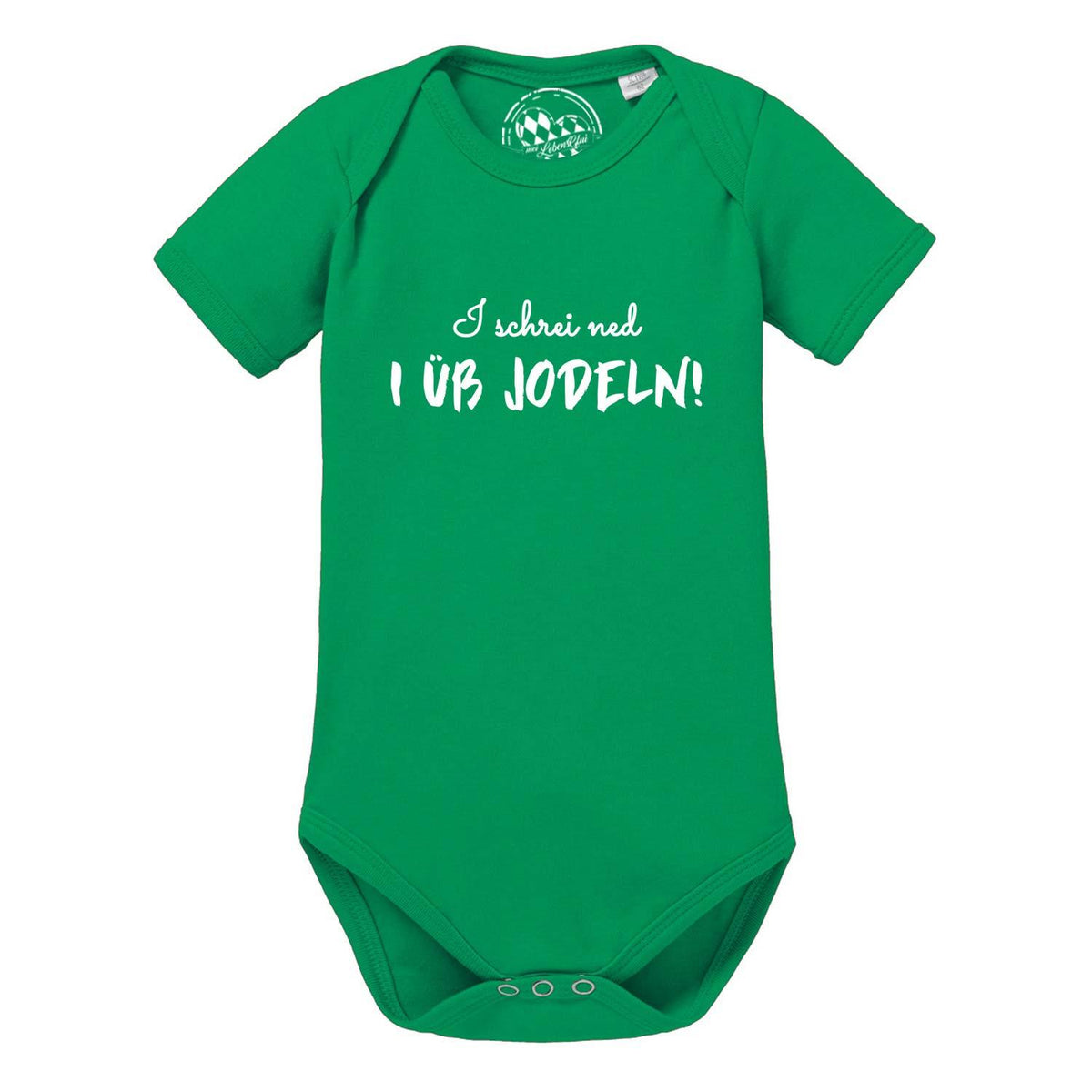Grüner Baby Body "I üb jodeln" mit weißem Spruch für bayerische oder lustige Babykleidung.