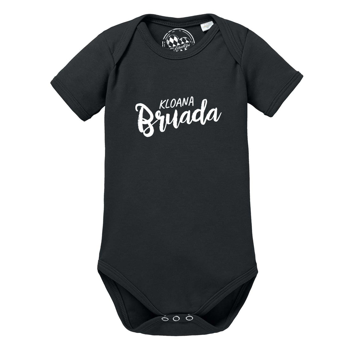Schwarzer Baby Body "Kloana Bruada" mit Kurzarm, weißer Aufschrift und Druckknöpfen im Schritt.