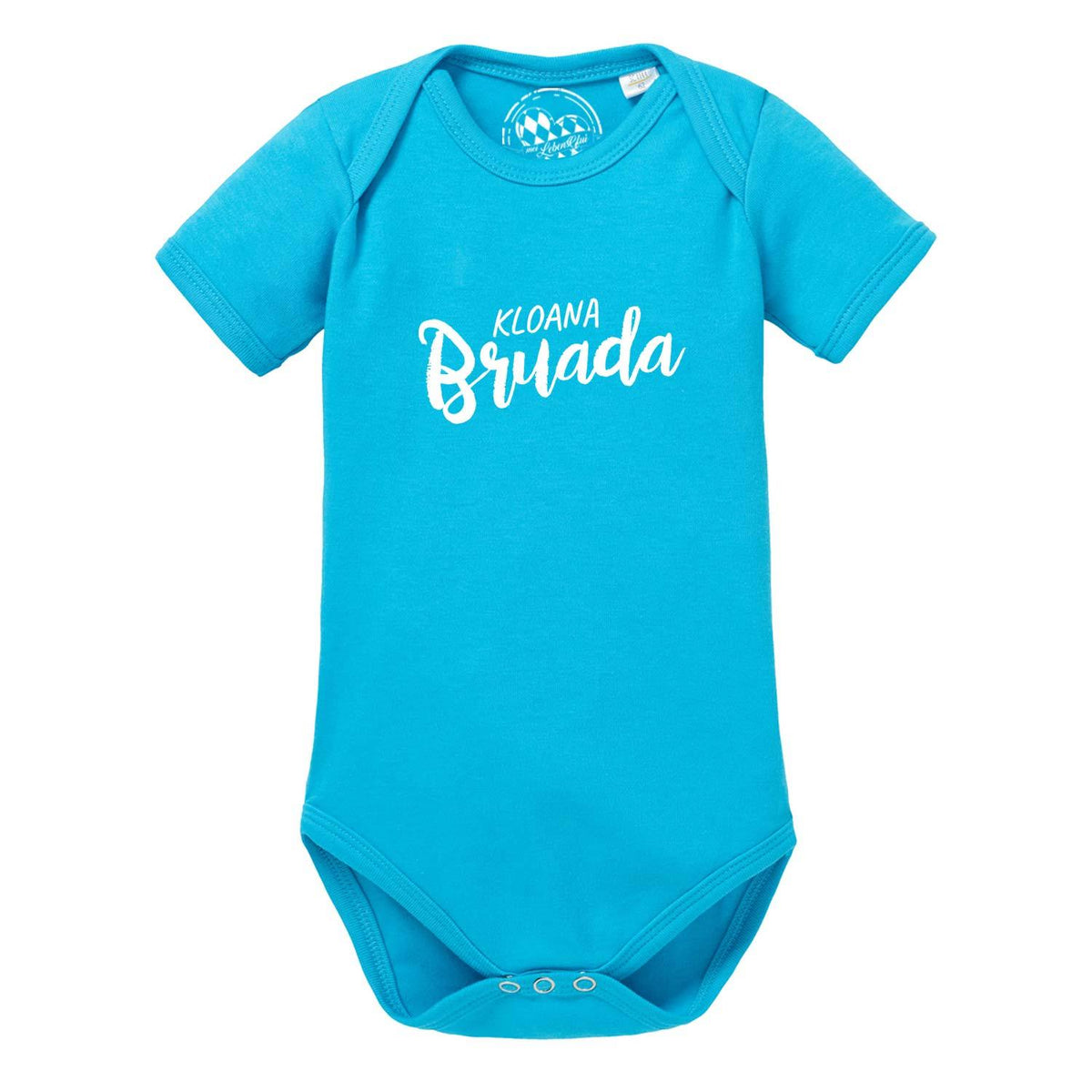 Blauer Baby Body "Kloana Bruada" aus Baumwolle mit weißem Aufdruck und praktischen Druckknöpfen.