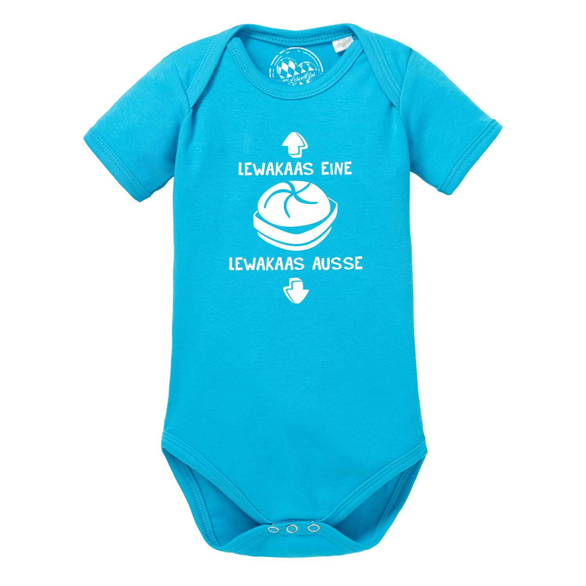 Baby Body Lewakaas in Türkis mit weißem Aufdruck und Brezel-Karikatur, kurzärmelig, für Jungen oder Mädchen.