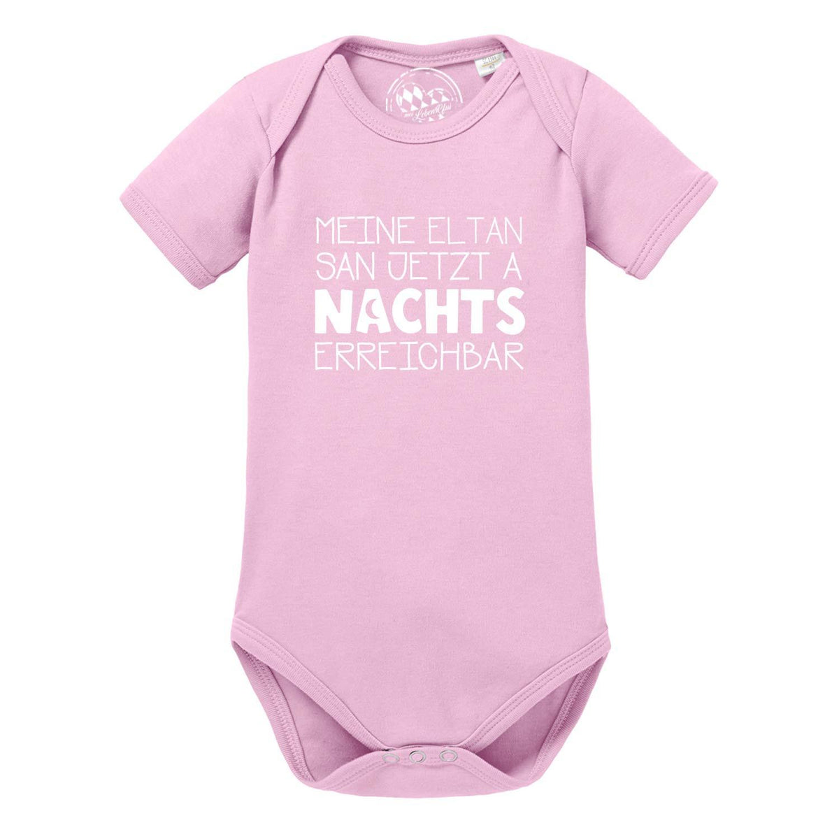 Rosa Baby Body "Nachts erreichbar" mit weißem Spruch für Jungen oder Mädchen als Geschenk.