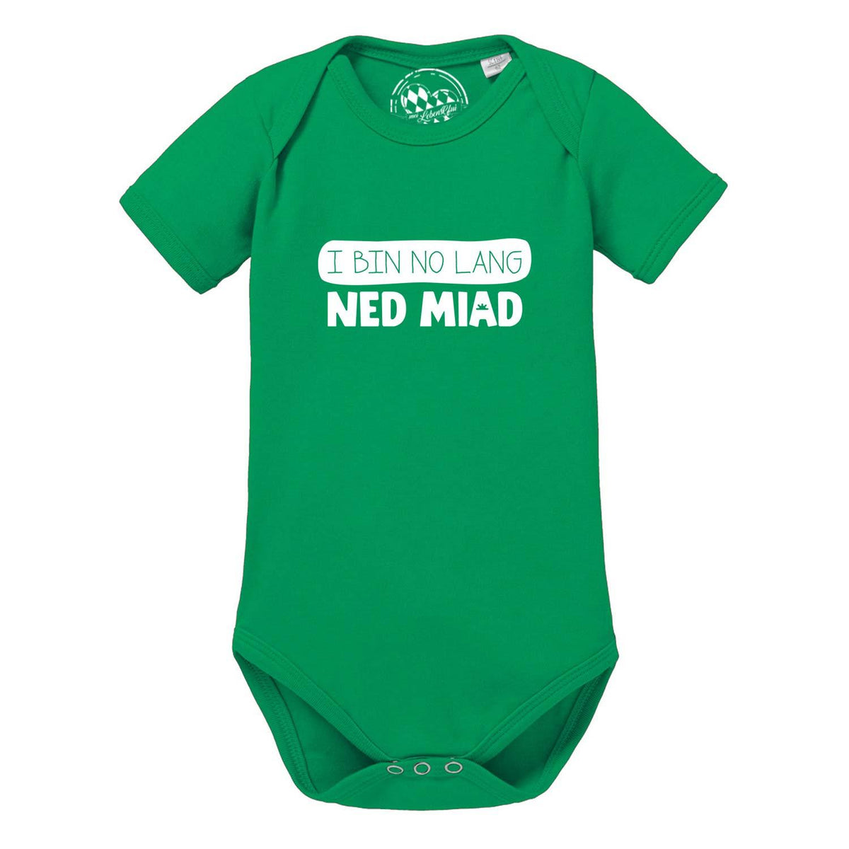Grüner Baby Body no lang ned miad mit weißem Aufdruck und kurzem Arm, ideal für freche Babys