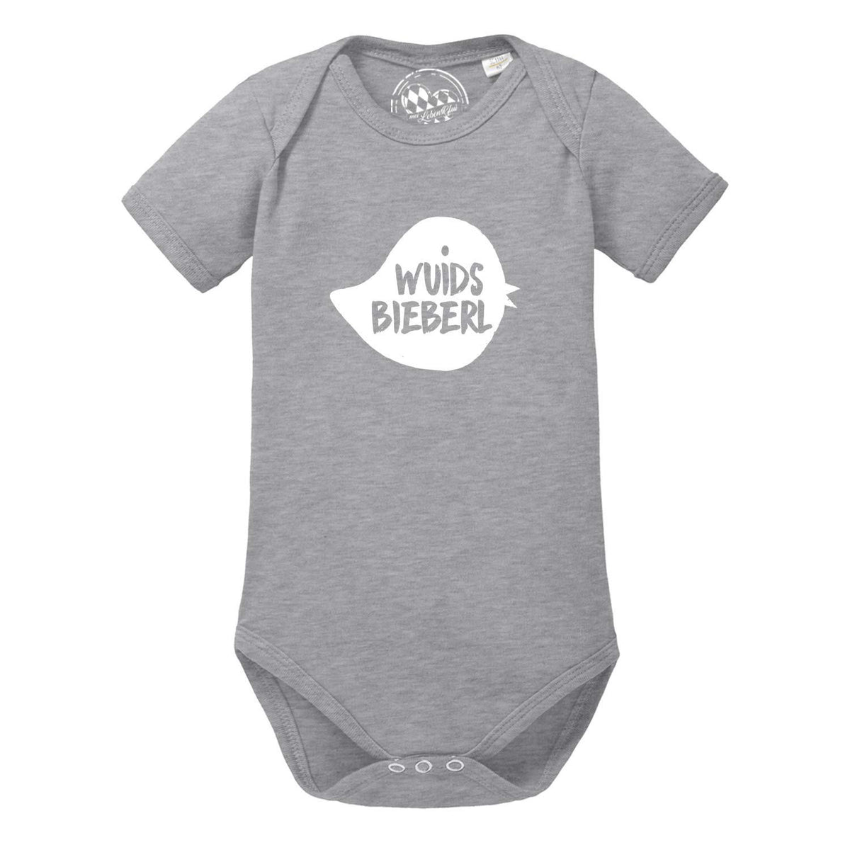 Baby Body "Wuids Bieberl" in Grau mit weißem Print. Süßer Strampler für Neugeborene.