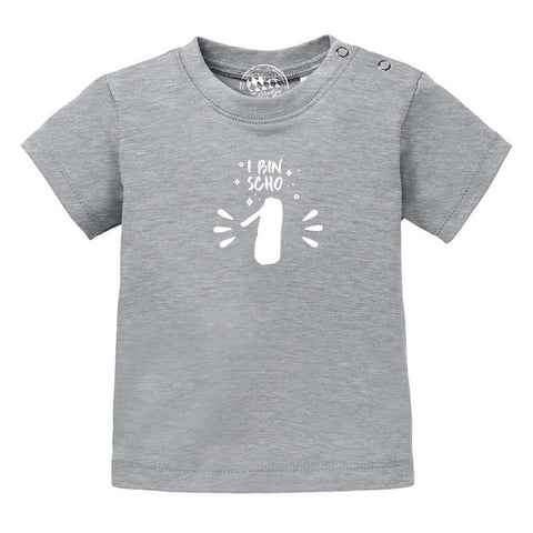Graues Baby T-Shirt I bin scho 1! mit weißem Druck und Schulterknöpfen für den 1. Geburtstag