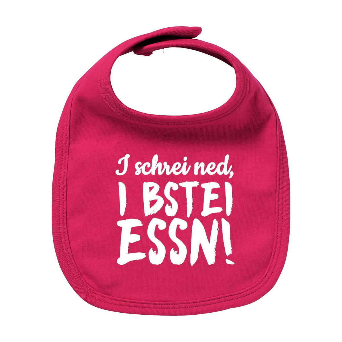 Lätzchen "I bstei Essn..." in kräftigem Pink mit weißem Spruch, ideal für Babys und Kleinkinder.