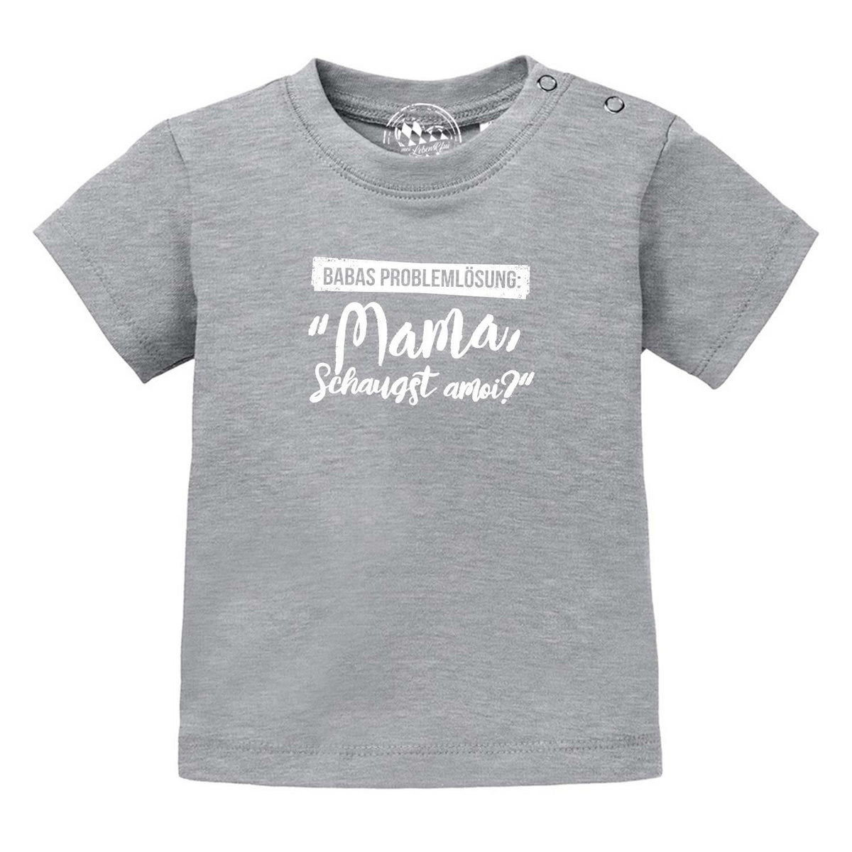 Weißes Baby-T-Shirt mit schwarzem Aufdruck "Papas Problemlösung" und Zeichnung, aus 100 % Bio-Baumwolle.