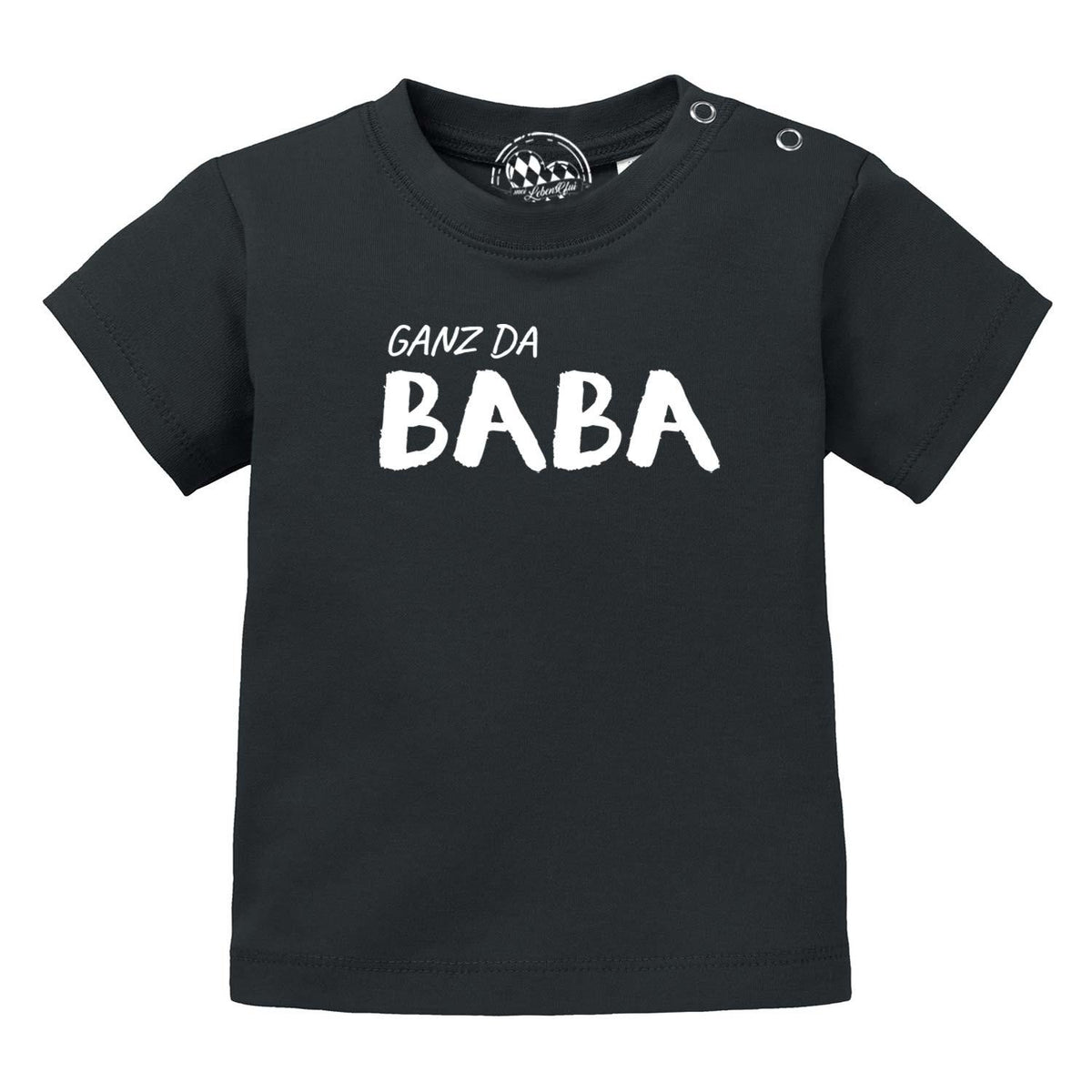 Schwarzes Baby T-Shirt Ganz da Baba mit weißem Aufdruck und praktischen Druckknöpfen an der Schulter.