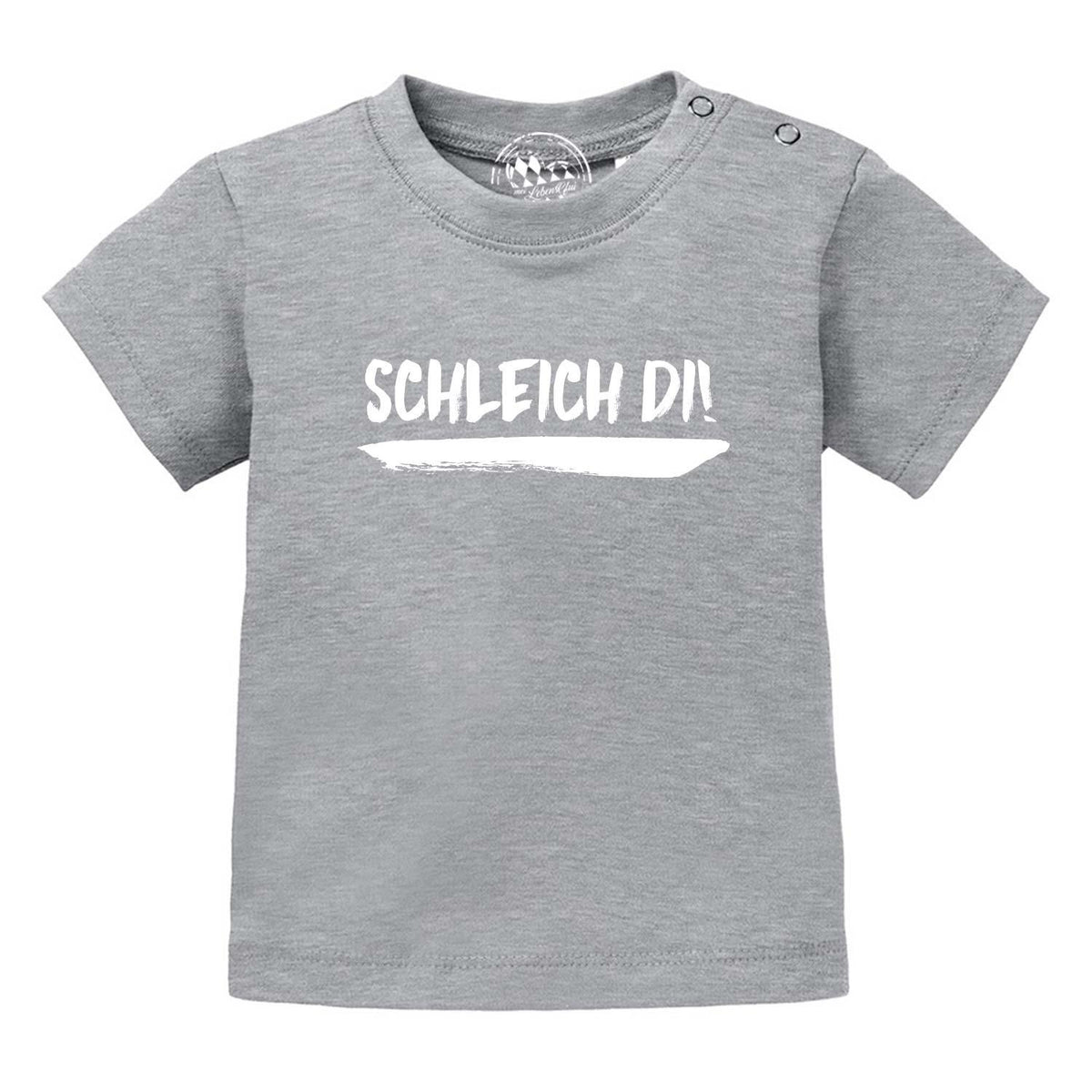Graues Baby T-Shirt Schleich di! mit weißem Print und Druckknöpfen an der Schulter, bayerischer Spruch Babykleidung.