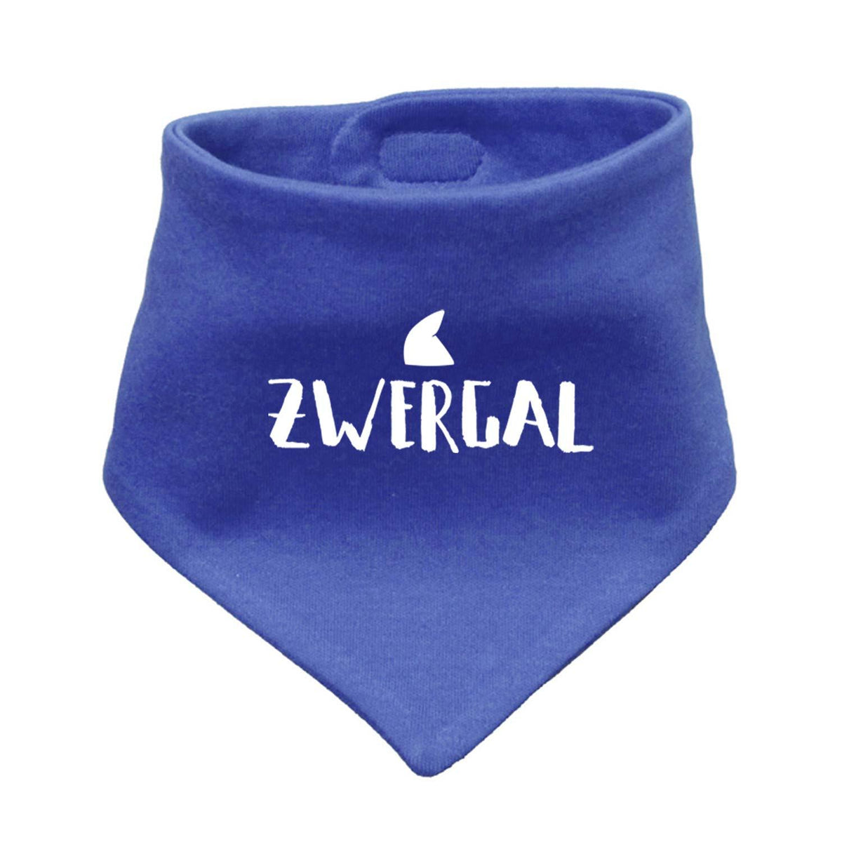 Babyhalstuch Zwergal in sattem Blau mit weißem Schriftzug und süßem Wappen für Mädchen und Jungen.