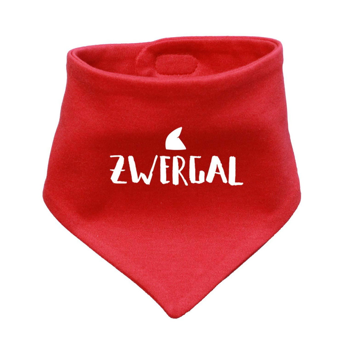 Rotes Babyhalstuch "Zwergal" aus weichem Stoff mit weißem Schriftzug und süßem Zwerg-Motiv.