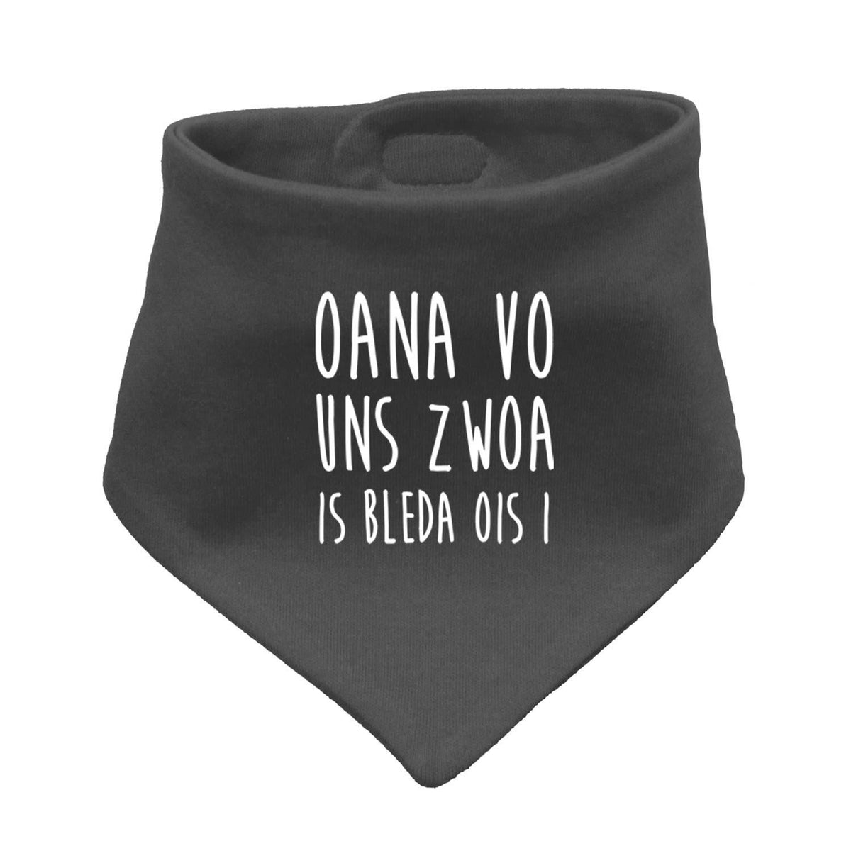 Babyhalstuch "Bleda ois i!" in Grau mit weißem Spruch. Süßes Schlabberlatz-Dreieckstuch für Babys.