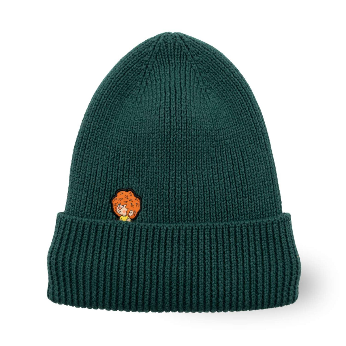Dunkelgrüne Pumuckl Beanie aus Baumwolle mit gesticktem Pumuckl-Kopf-Patch, gerippter Krempe.