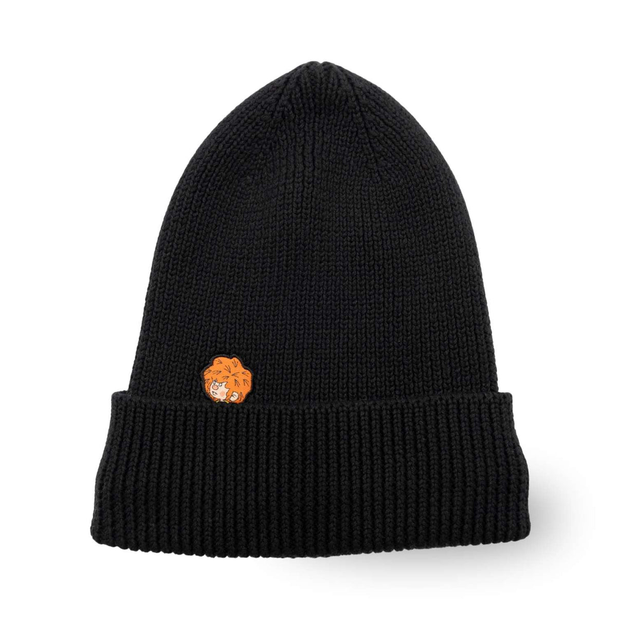 Schwarze Pumuckl Beanie aus Baumwoll-Rippstrick mit gewebtem Pumuckl-Label auf dem umgeschlagenen Bund