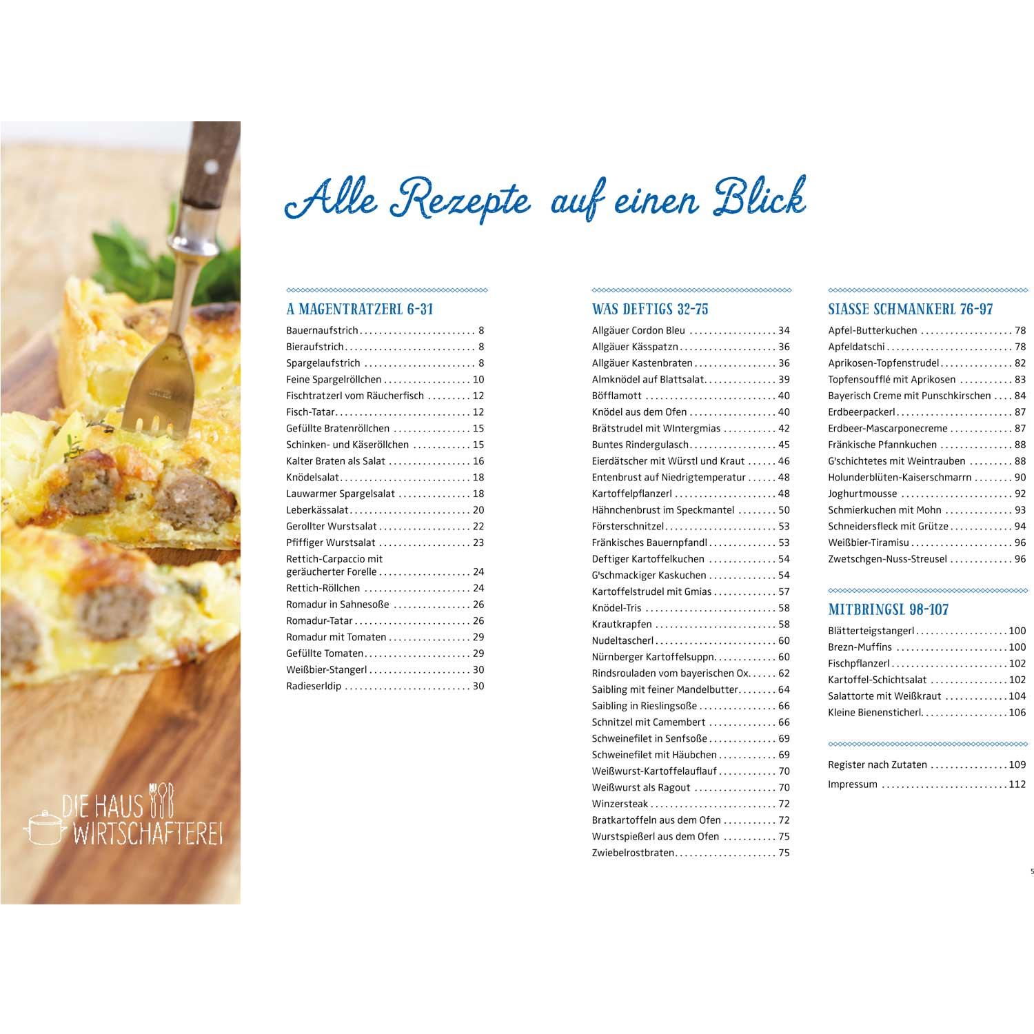 Gedrucktes Rezeptbuch aufgeschlagen mit Übersichtsseiten für Vorspeisen, Hauptgerichte, Desserts und Beilagen.