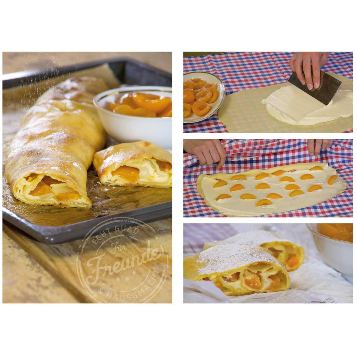 Aprikosenstrudel-Rezept mit Schritt-für-Schritt-Anleitung, Füllung aus Quark und halben Aprikosen.