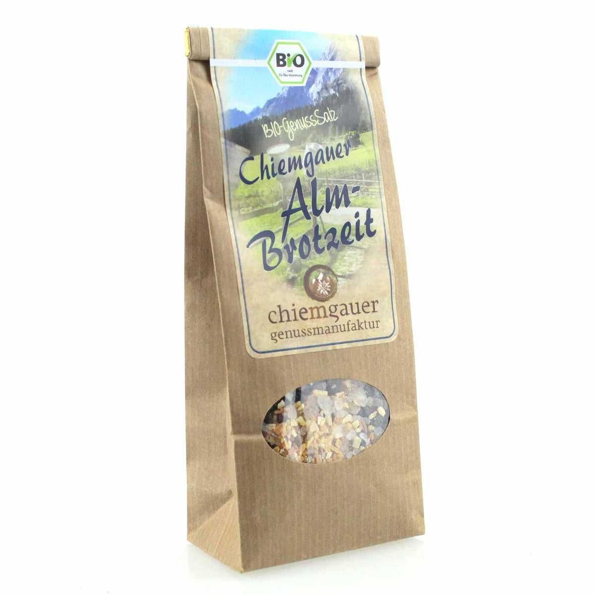 Braune Bio-Gewürzsalz-Tüte "Chiemgauer Alm Brotzeit" mit Kräutern und Kristallsalz, Sichtfenster Produkt.