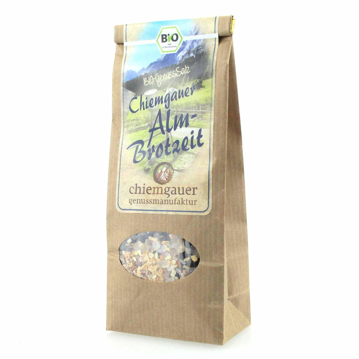 Chiemgauer Alm-Brotzeit Bio-Genuss-Salz in brauner Papiertüte mit transparentem Fenster auf weißem Hintergrund.