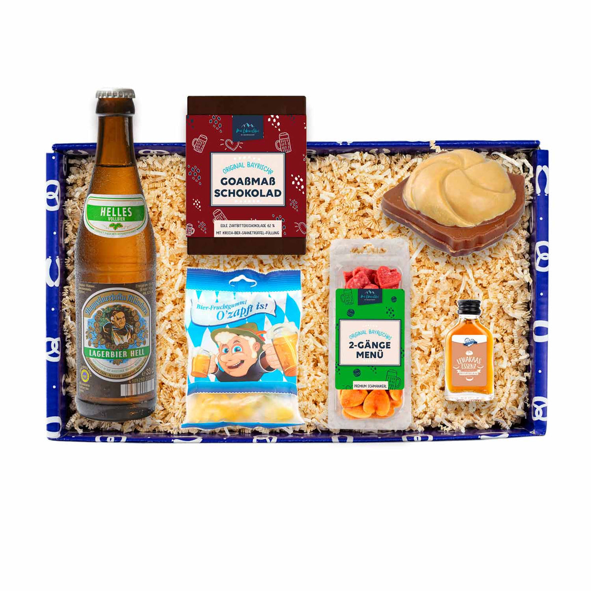 Geschenkbox Fia echte Kerle mit Bierflasche, bayerischer Schokolade, Fruchtgummi und Schmankerl.