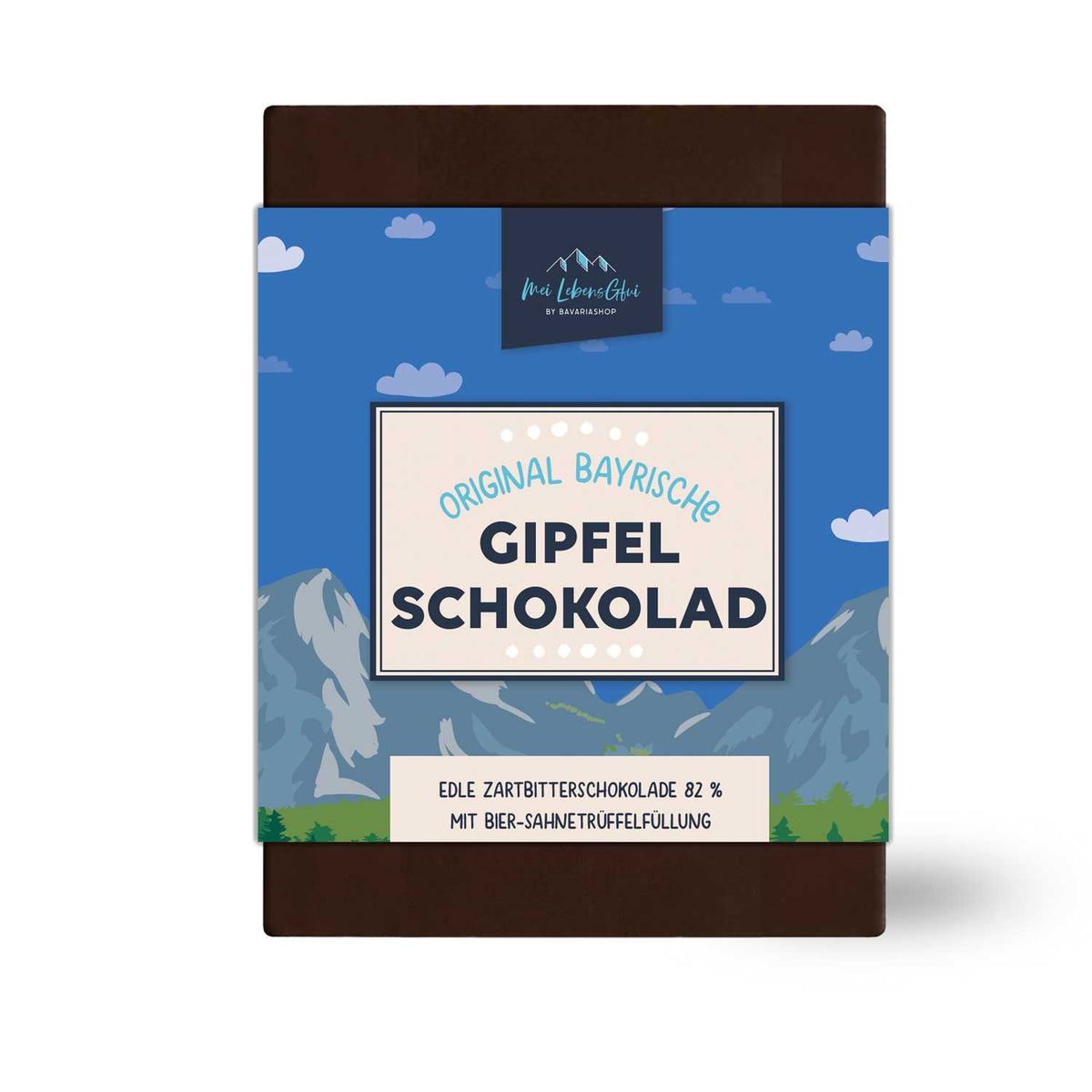 Gipfel-Schokolad, edle Zartbitterschokolade 82% mit Bier-Sahnetrüffelfüllung und bayerischem Bergmotiv.