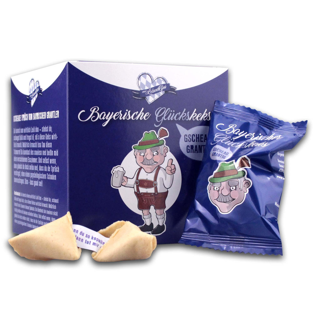 Bayerisches Glückskeks-Geschenkset mit lila Schachtel, verpackten Glückskeksen und offenem Keks mit Spruch.