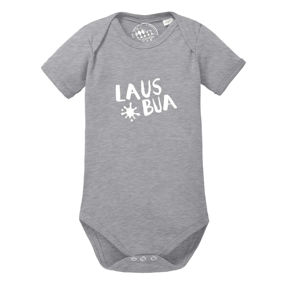 Grauer Baby Body Lausbua mit weißem Druck und verspieltem Farbspritzer-Motiv, bequeme Babykleidung aus Baumwolle