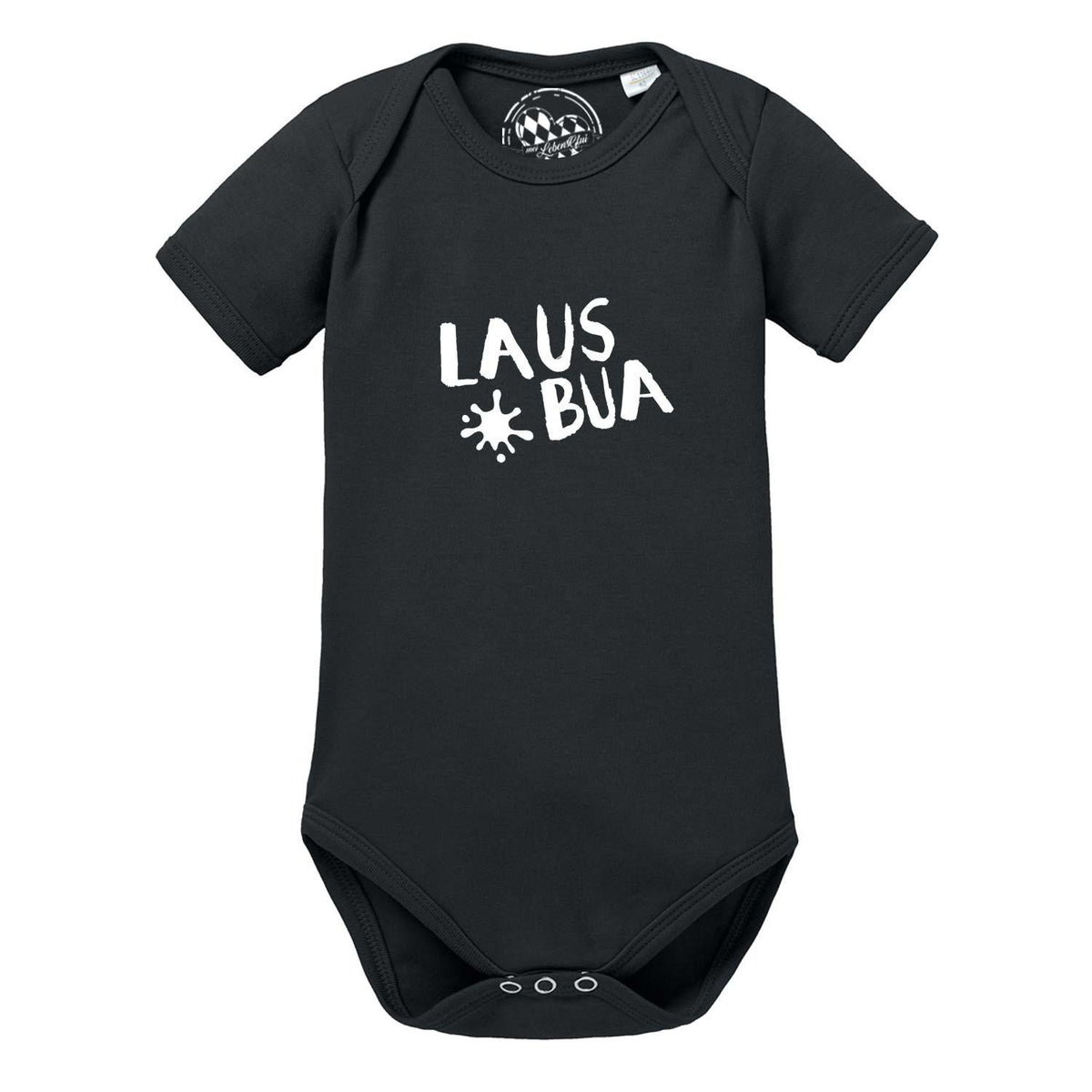 Schwarzer Baby Body "Lausbua" mit weißem Schriftzug und Spritzer, Kurzarm, aus Baumwolle.