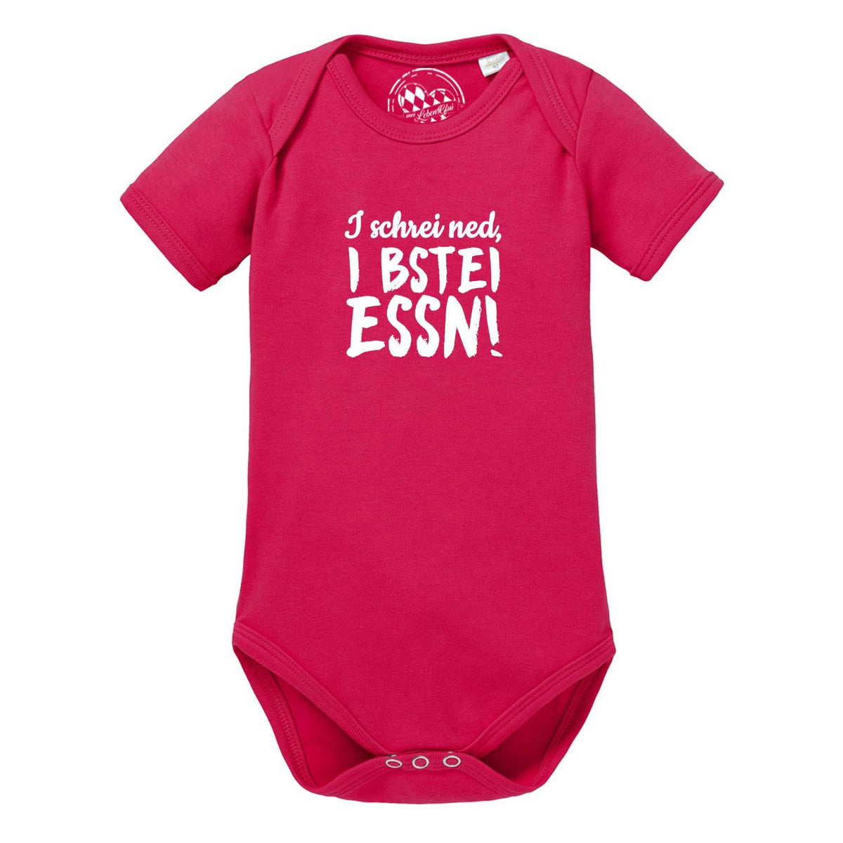 Baby Body I bstei Essn in leuchtendem Pink mit weißem Schriftzug, Kurzarm und Druckknöpfen