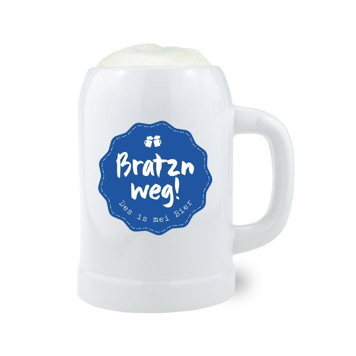 Keramik-Bierkrug mit schwarzem Schriftzug „Bratzn weg“ im Retro-Stil, halbrunde Form, cremefarben, 0,5 l, ca. 126 mm hoch.