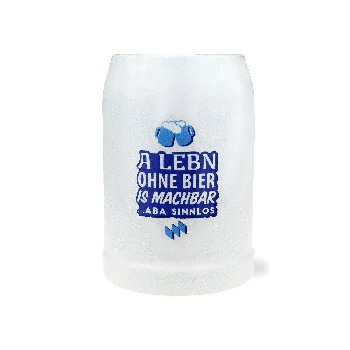 Hellgrauer Bierkrug aus Keramik mit Standardform und schwarzem Aufdruck „ohne Bier“, Fassungsvermögen 0,5 l.
