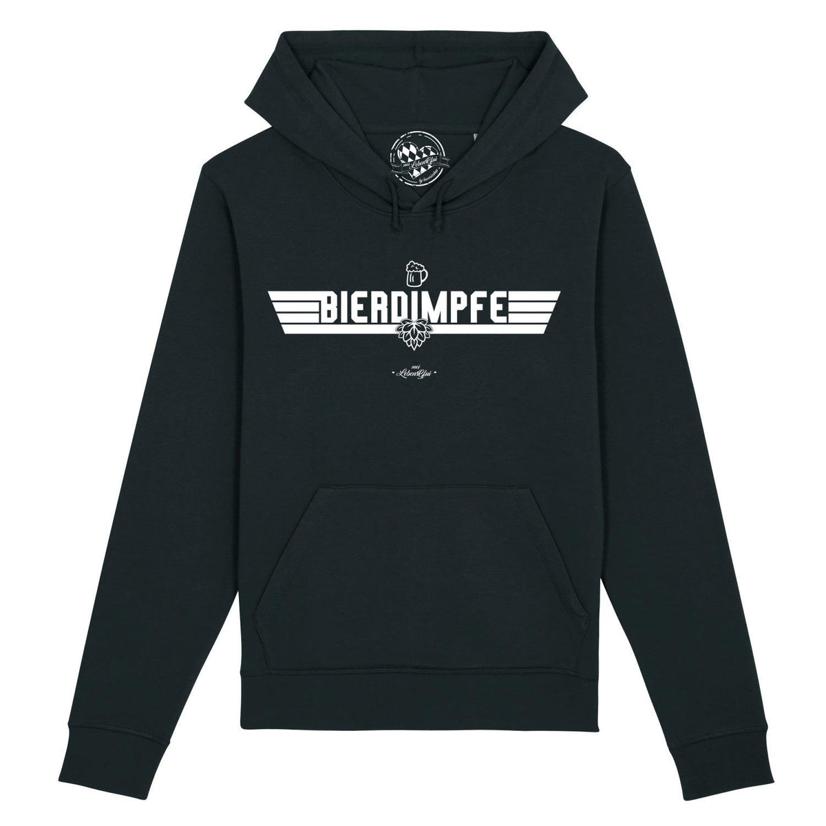 Dunkelblauer Herren Hoodie "Bierdimpfe" mit weißem Bier-Hopfen-Print und Kängurutasche.