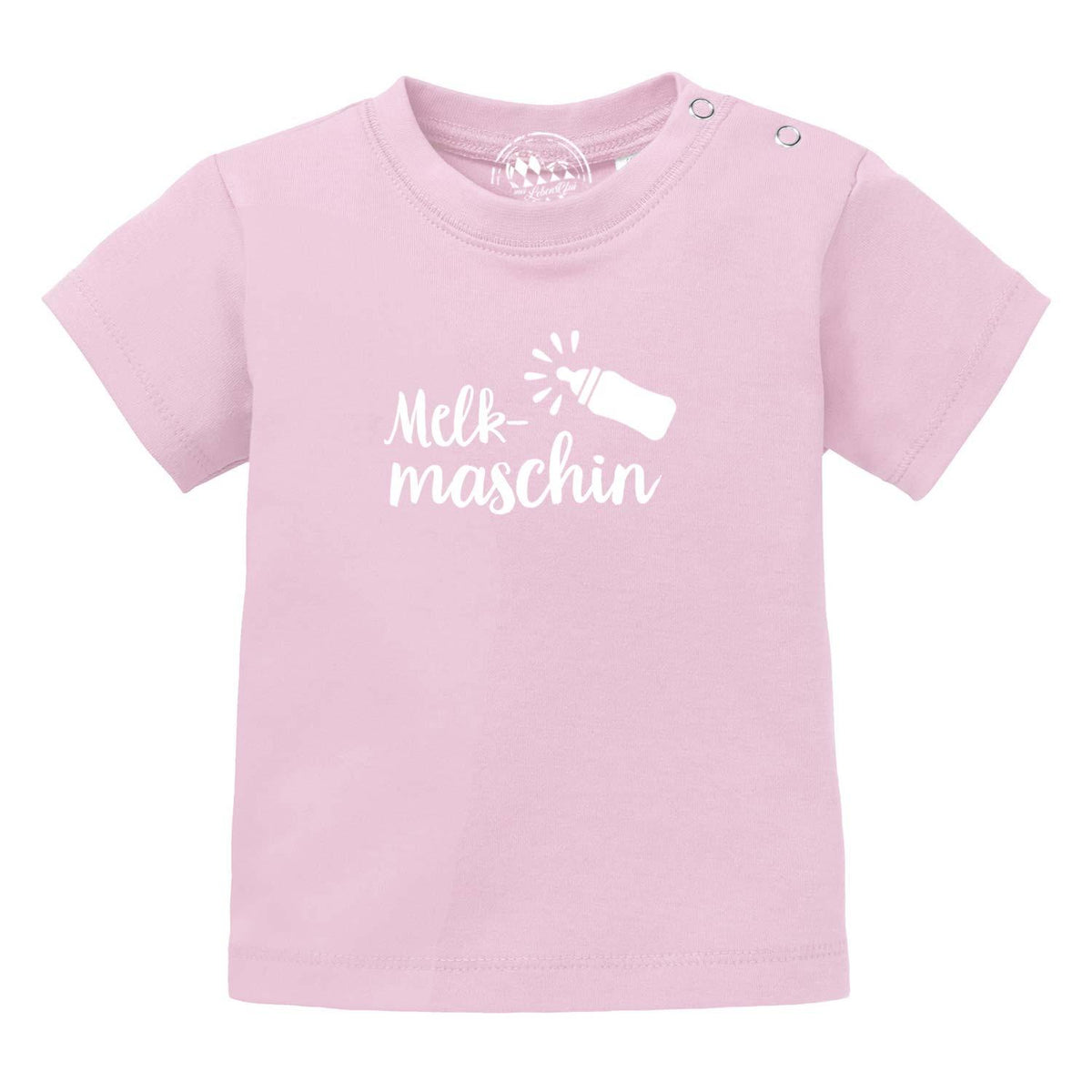 Rosa Baby T-Shirt Melkmaschin mit weißem Aufdruck einer Babyflasche und Schriftzug, Bio Baumwolle