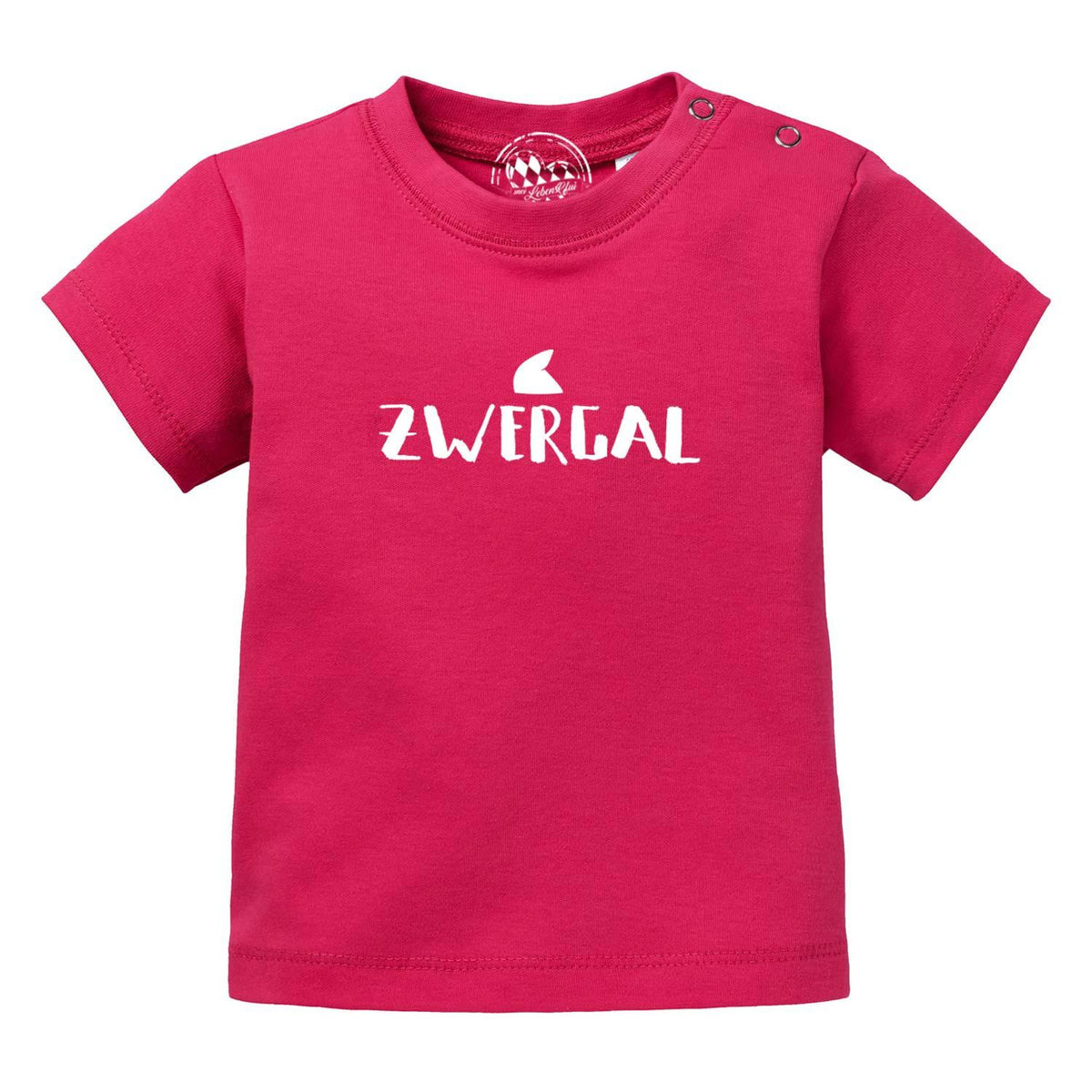 Baby T-Shirt "Zwergal" in kräftigem Pink mit weißem Zwergal-Schriftzug und praktischen Druckknöpfen.
