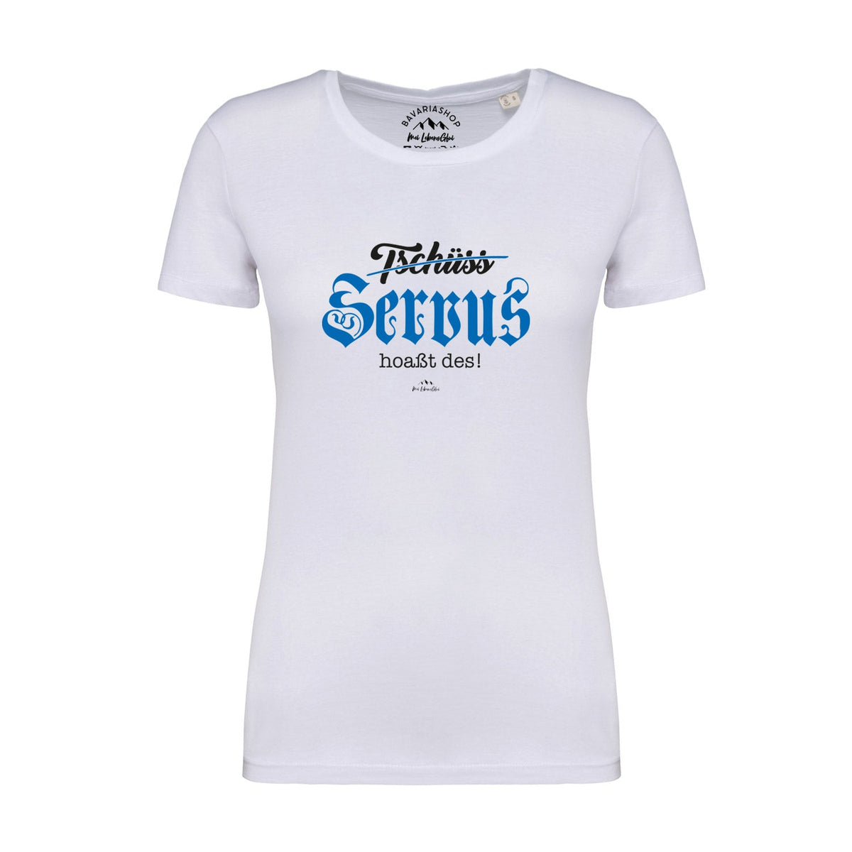Weißes Damen T-Shirt "Servus hoaßt des" mit blau-schwarzem bayerischem Schriftzug auf der Brust.