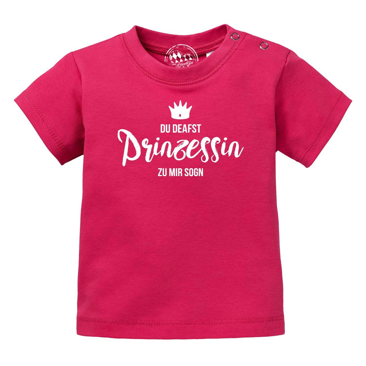 Baby T-Shirt Prinzessin in Fuchsia mit weißem Prinzessinnen-Schriftzug und Krone Motiv, Druckknöpfe an der Schulter