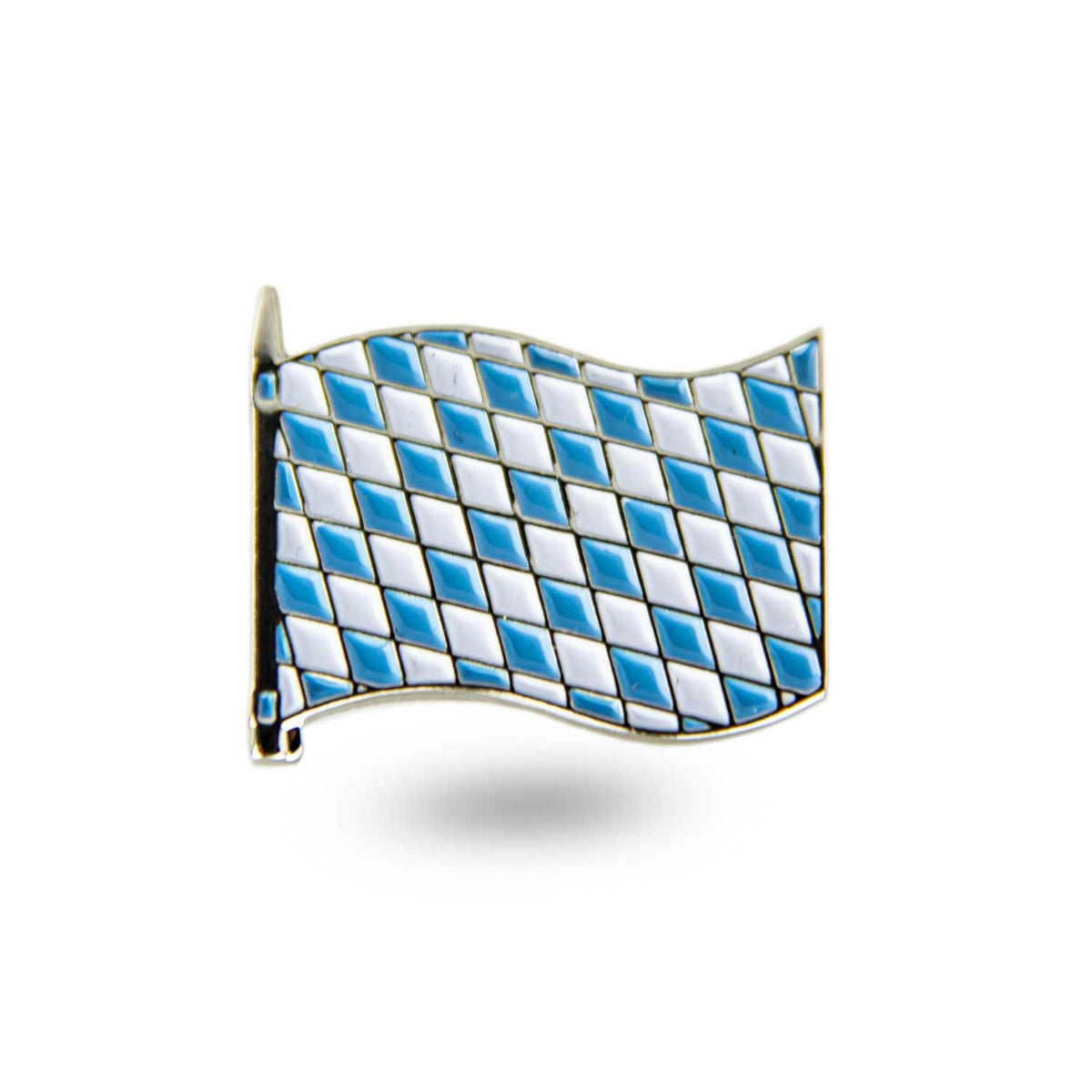 Dekorativer Pin "Fahne Bayern" mit blau-weißem Rautenmuster und geschwungenem Design.