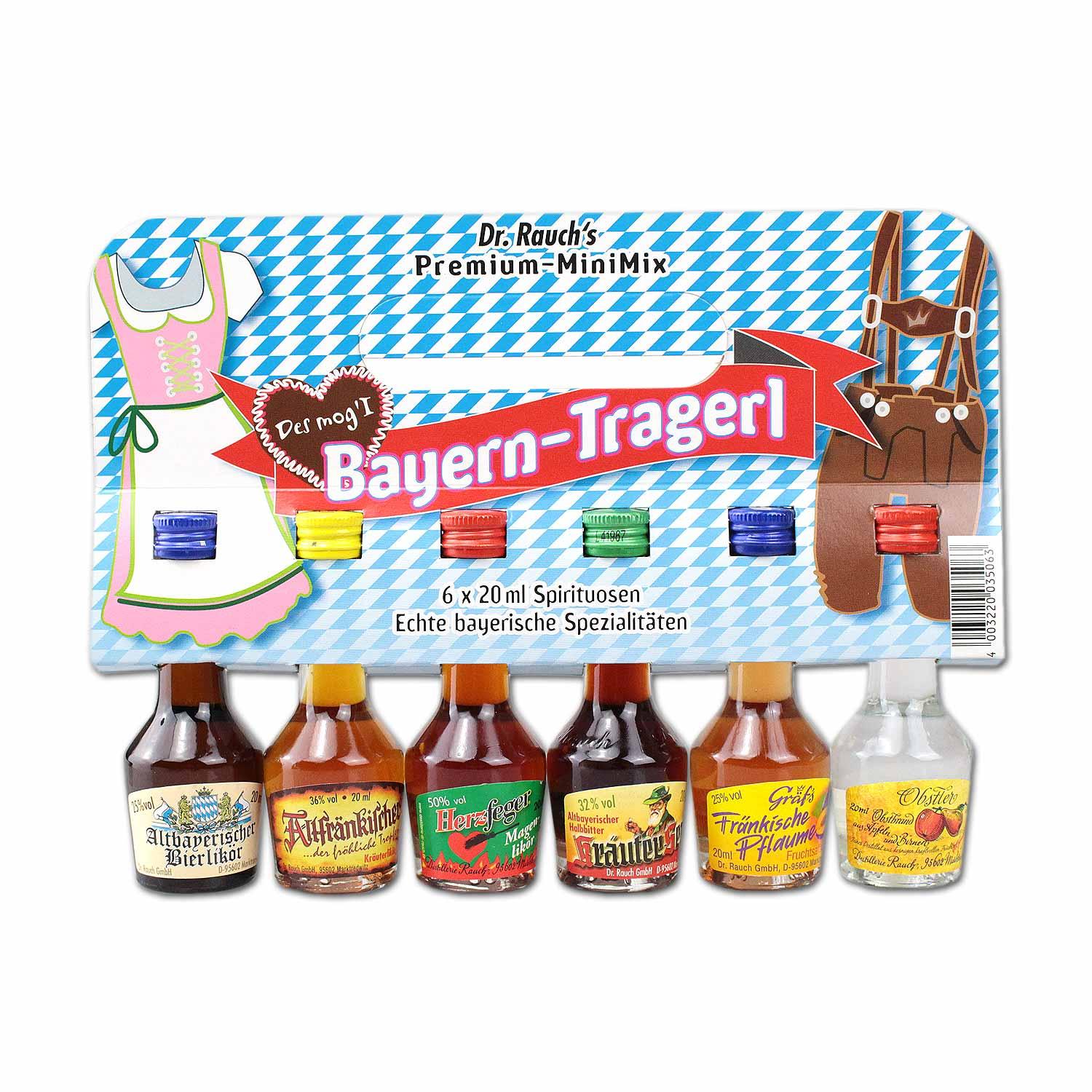 Bayern-Tragerl Mini-Spirituosen-Set mit sechs 20ml Flaschen bayerischer Liköre und Schnäpse.