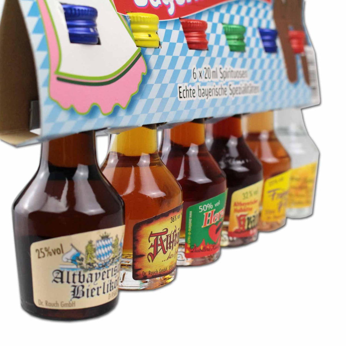 Bayerische Spirituosen Spezialitäten-Set mit 6x20ml Flaschen, darunter Altbayerischer Bierlikör.