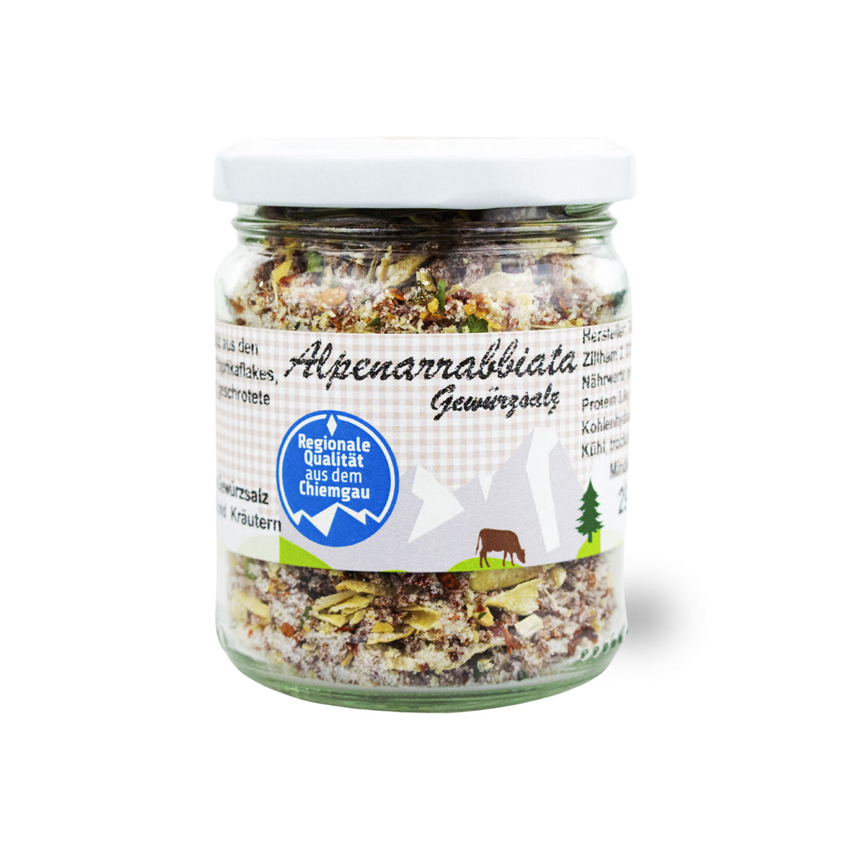 Glas "Bayr. Alpenarrabbiata Gewürzsalz" mit regionaler Qualität aus dem Chiemgau.