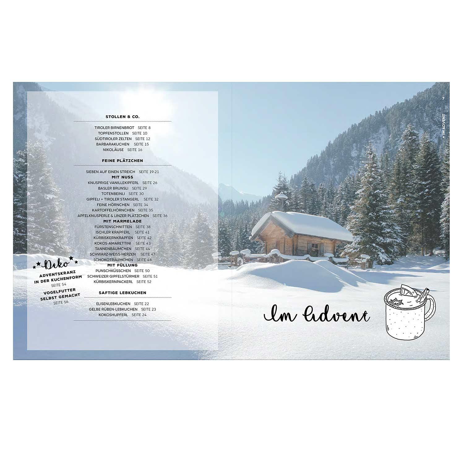 Bayrische Lieblingsrezepte für Weihnachten", Inhaltsverzeichnis mit Winterhütte im Schnee und Glühweinmotiv.