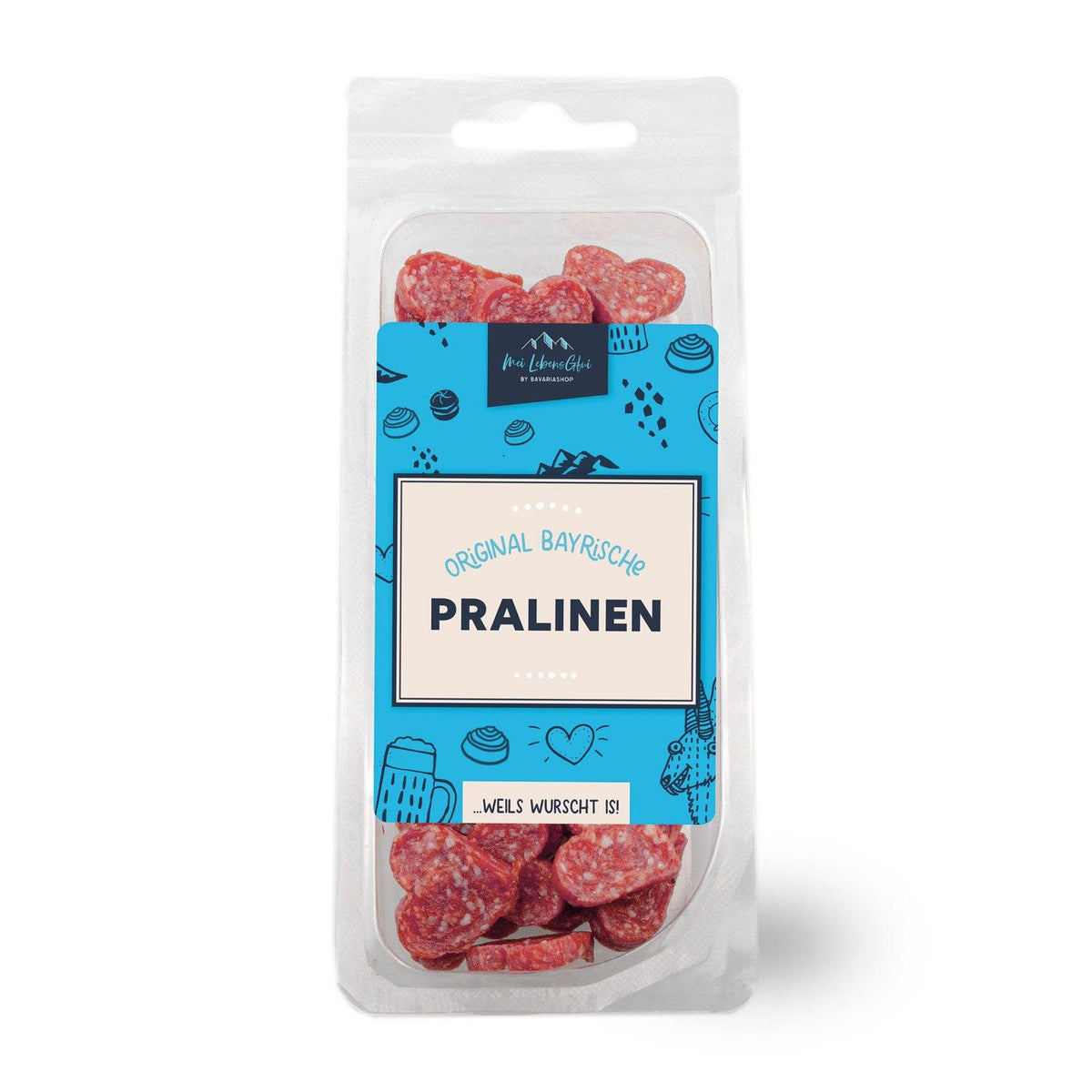 Geschenkbox "Mei Brotzeit" mit herzförmigen Salami-Scheiben, bayerische Pralinen aus Wurst in Klarsichtverpackung.